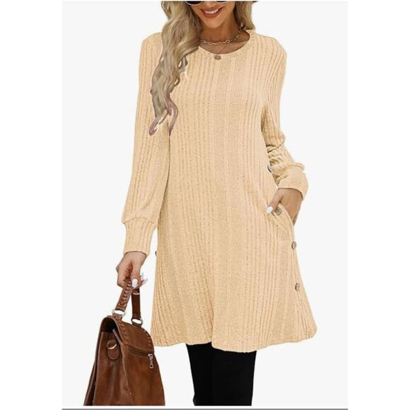 Women's Dress Long Sleeve Tunic, Crew Neck, with Pockets, Button Side SIZE L - Picture 3 of 7